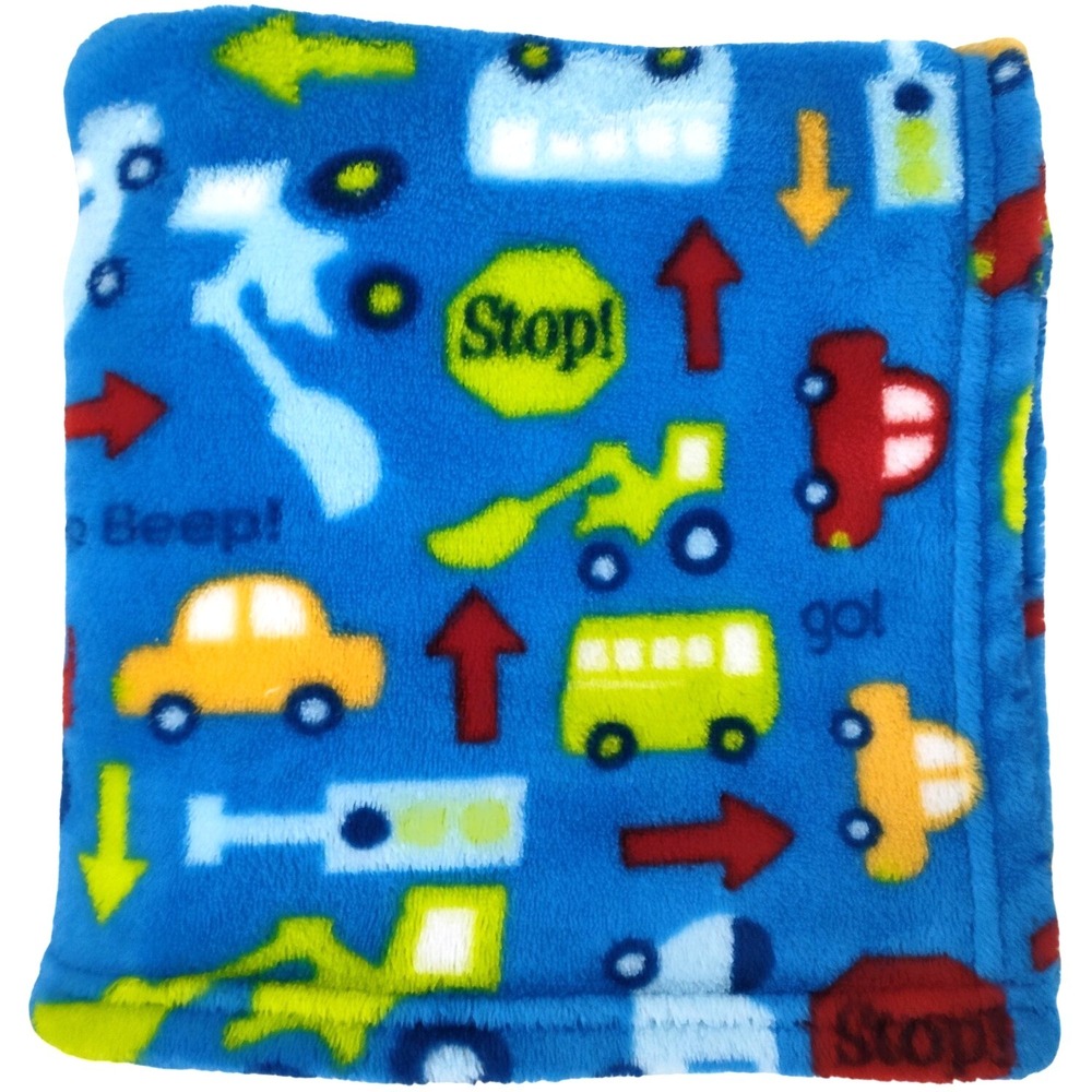 Baby‎ Kiss Blue Construction Vehicles Blanket Fleece Cars Stop Honk Beep Arrow
